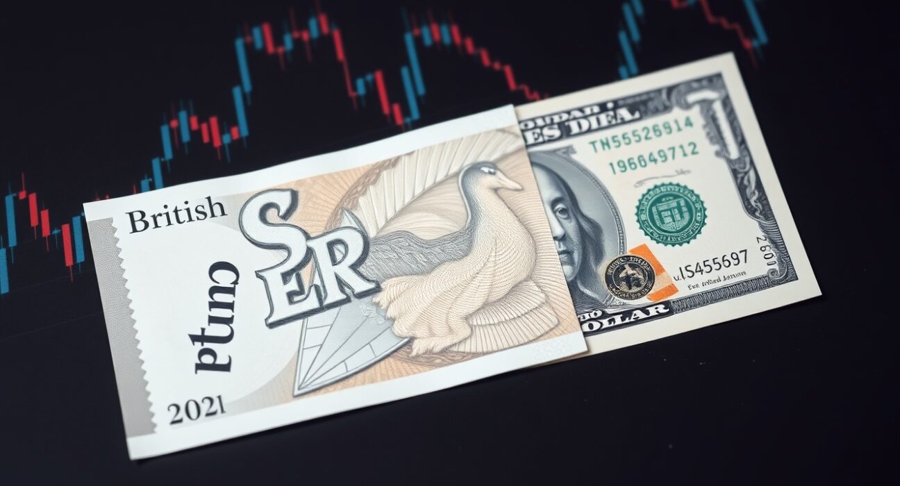 British Pound and US Dollar banknotes on a desk with a financial chart background