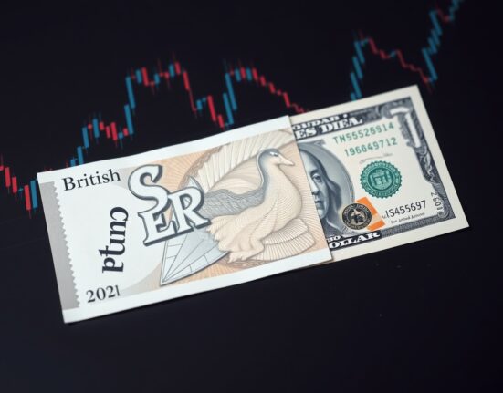 British Pound and US Dollar banknotes on a desk with a financial chart background
