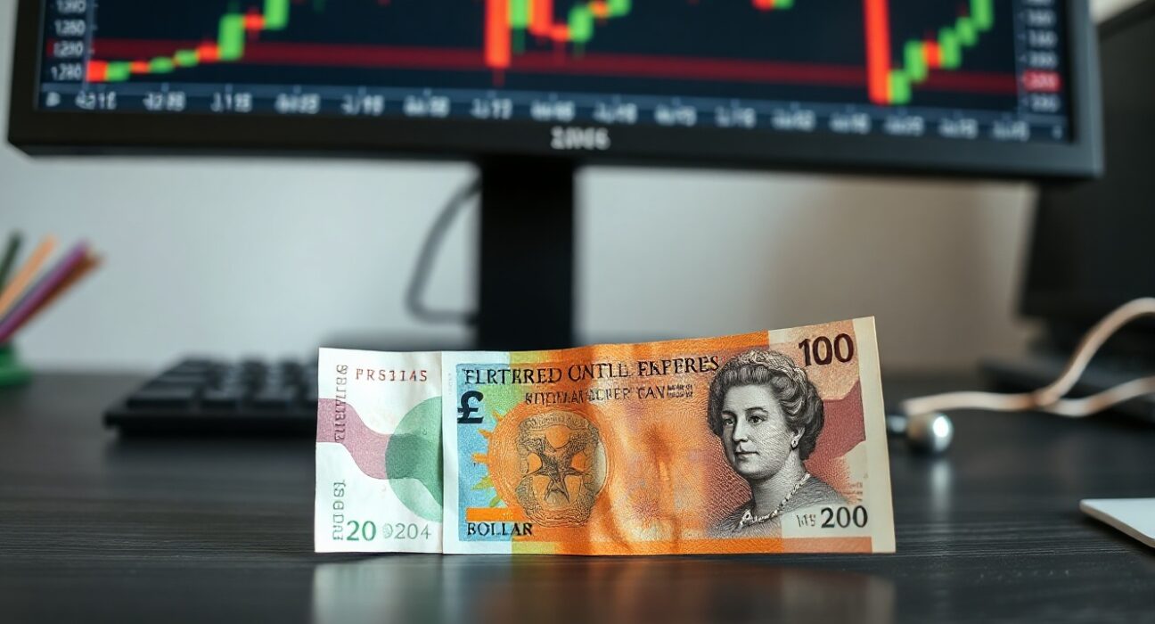 British pound and US dollar banknotes on a desk with a forex chart in the background