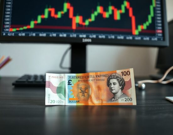 British pound and US dollar banknotes on a desk with a forex chart in the background