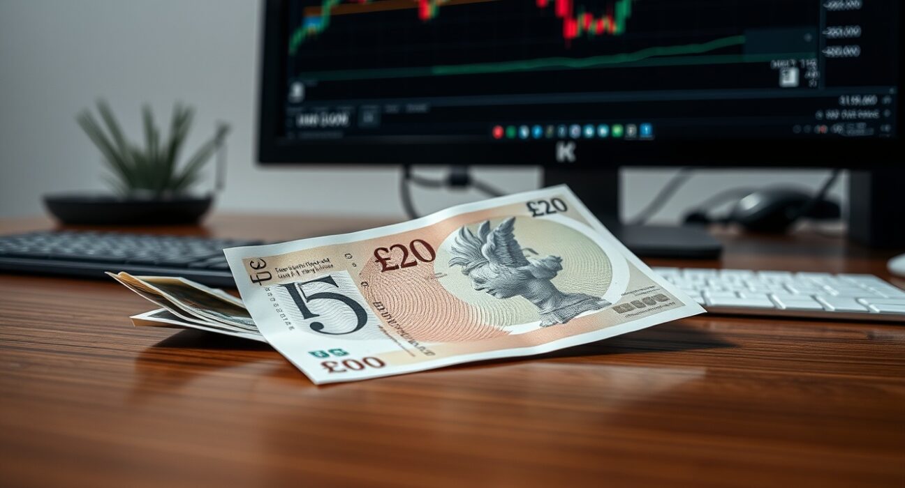 British Pound banknote and US Dollar bill on a desk with financial charts in the background