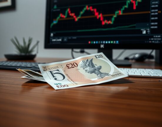 British Pound banknote and US Dollar bill on a desk with financial charts in the background