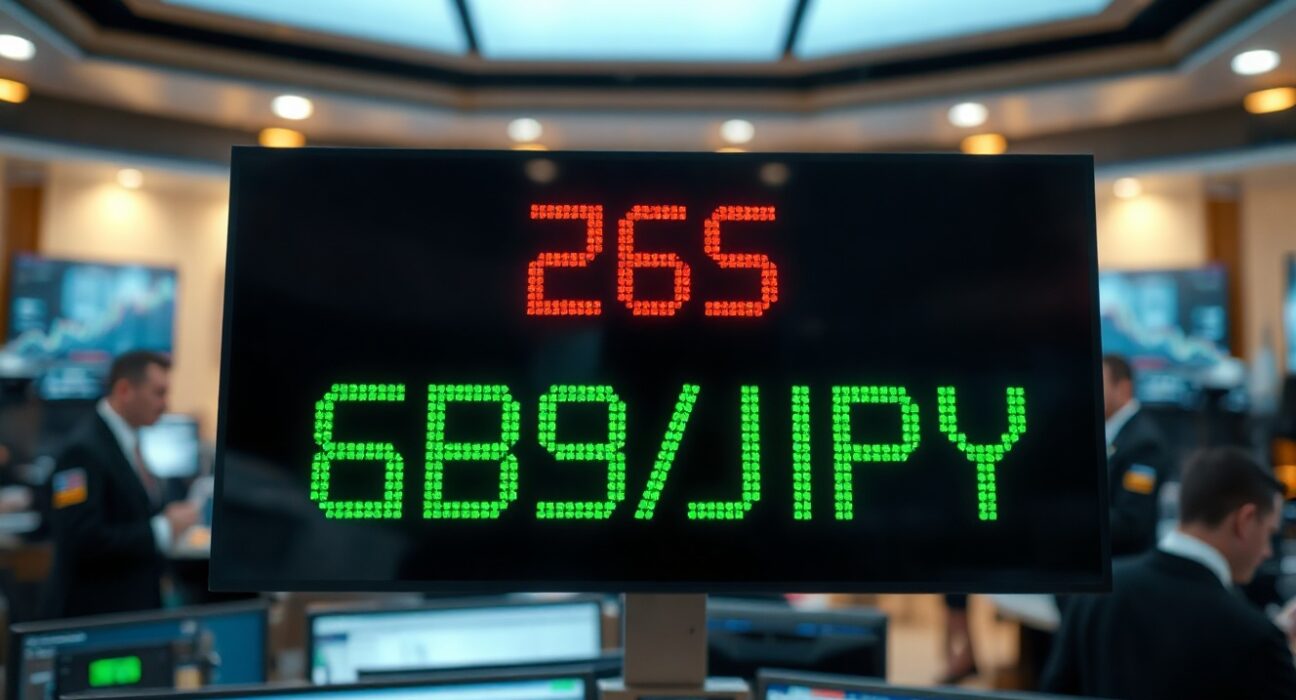 Digital trading screen showing GBP/JPY exchange rate on a financial floor