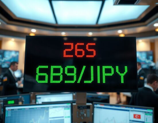 Digital trading screen showing GBP/JPY exchange rate on a financial floor