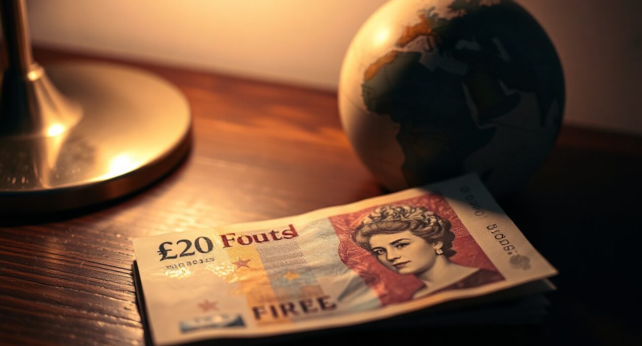 British Pound banknote on desk near globe with Middle East region lit, representing currency pressure from geopolitical tensions.