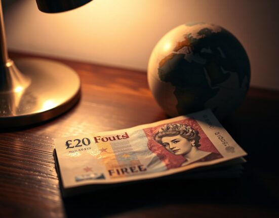 British Pound banknote on desk near globe with Middle East region lit, representing currency pressure from geopolitical tensions.