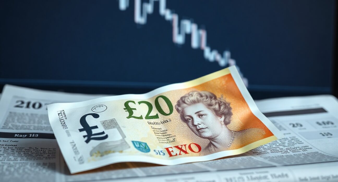 British Pound banknote on financial chart background showing downward trend after UK inflation data release.