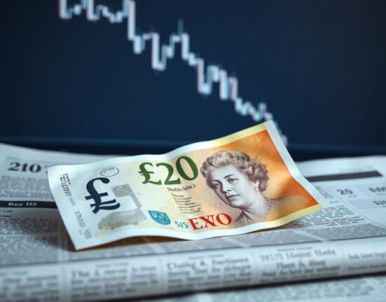 British Pound banknote on financial chart background showing downward trend after UK inflation data release.