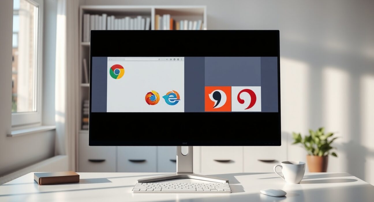 Monitor displaying browser icons on a clean desk in a modern home office with natural lighting