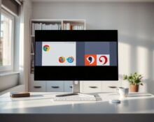 Monitor displaying browser icons on a clean desk in a modern home office with natural lighting