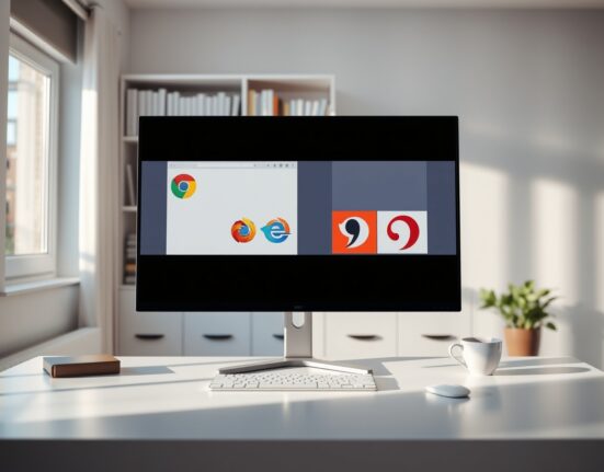 Monitor displaying browser icons on a clean desk in a modern home office with natural lighting