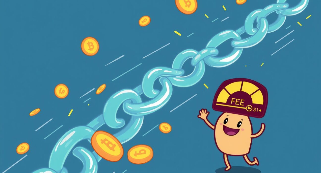 A cartoon illustration depicting the benefits of a BSC fee cut, showing coins flowing rapidly through a blockchain.