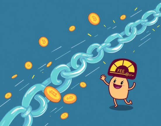 A cartoon illustration depicting the benefits of a BSC fee cut, showing coins flowing rapidly through a blockchain.