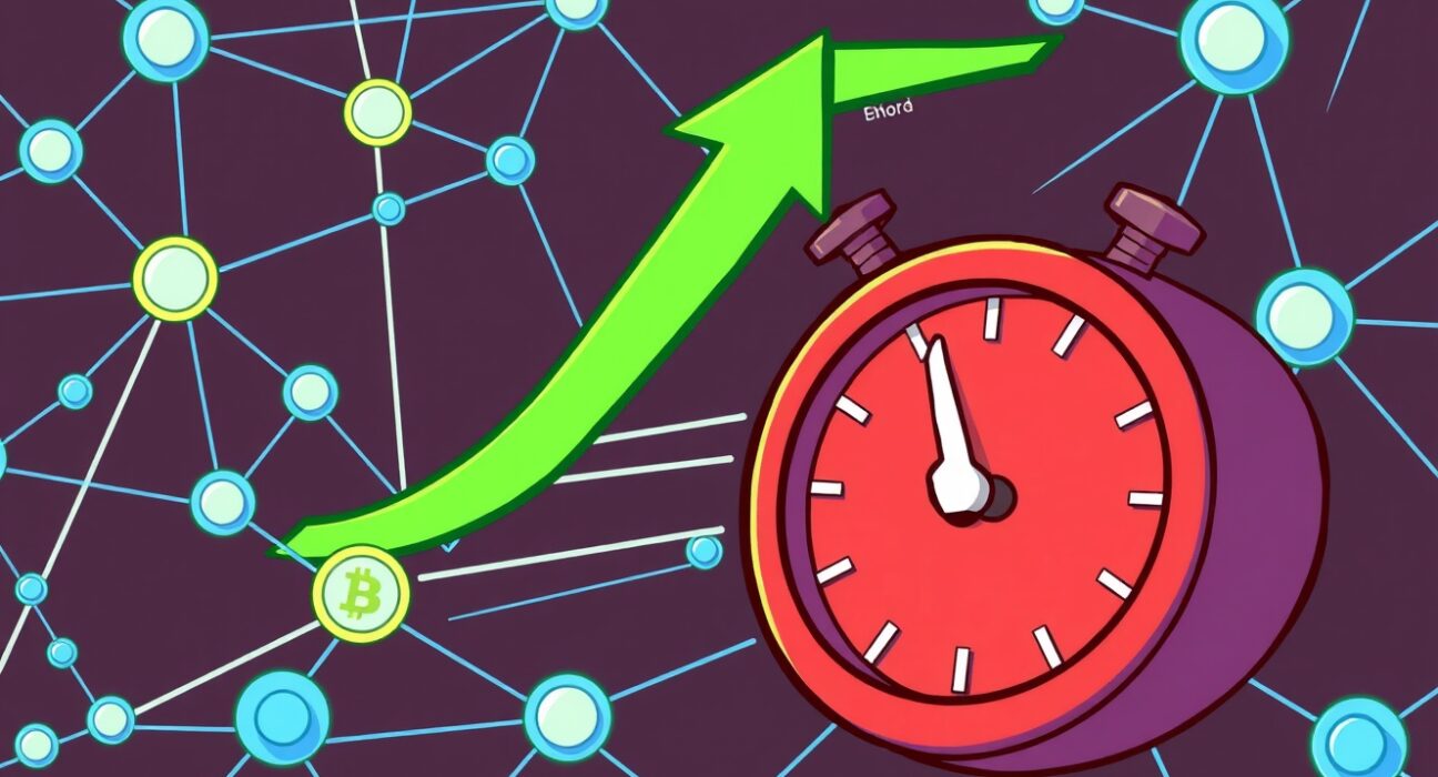 Cartoon showing a fast-moving blockchain network, symbolizing the BSC testnet upgrade's impact on transaction speed and efficiency.
