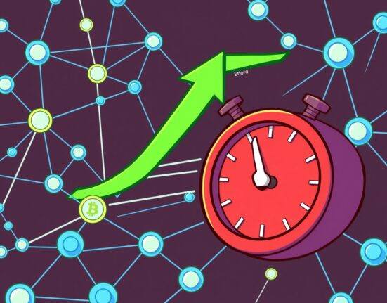 Cartoon showing a fast-moving blockchain network, symbolizing the BSC testnet upgrade's impact on transaction speed and efficiency.