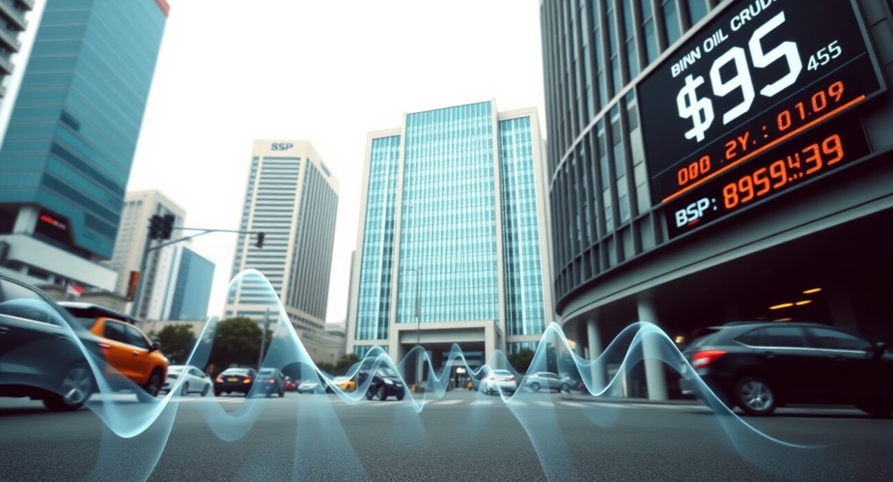 Bangko Sentral ng Pilibinas headquarters with visual representation of oil price pressure on Philippine monetary policy