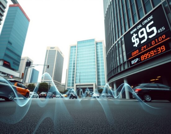 Bangko Sentral ng Pilibinas headquarters with visual representation of oil price pressure on Philippine monetary policy