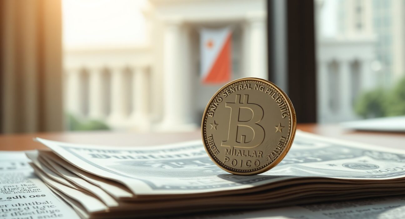 Philippine peso coin and US dollar bill on financial newspaper representing BSP tightening and currency support analysis by OCBC