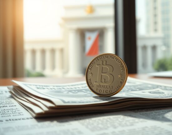 Philippine peso coin and US dollar bill on financial newspaper representing BSP tightening and currency support analysis by OCBC