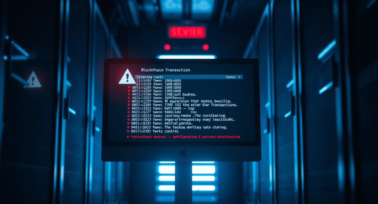 A dark server room with a glowing monitor showing a blockchain security alert, representing the BSquared Network hack.