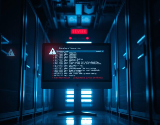 A dark server room with a glowing monitor showing a blockchain security alert, representing the BSquared Network hack.