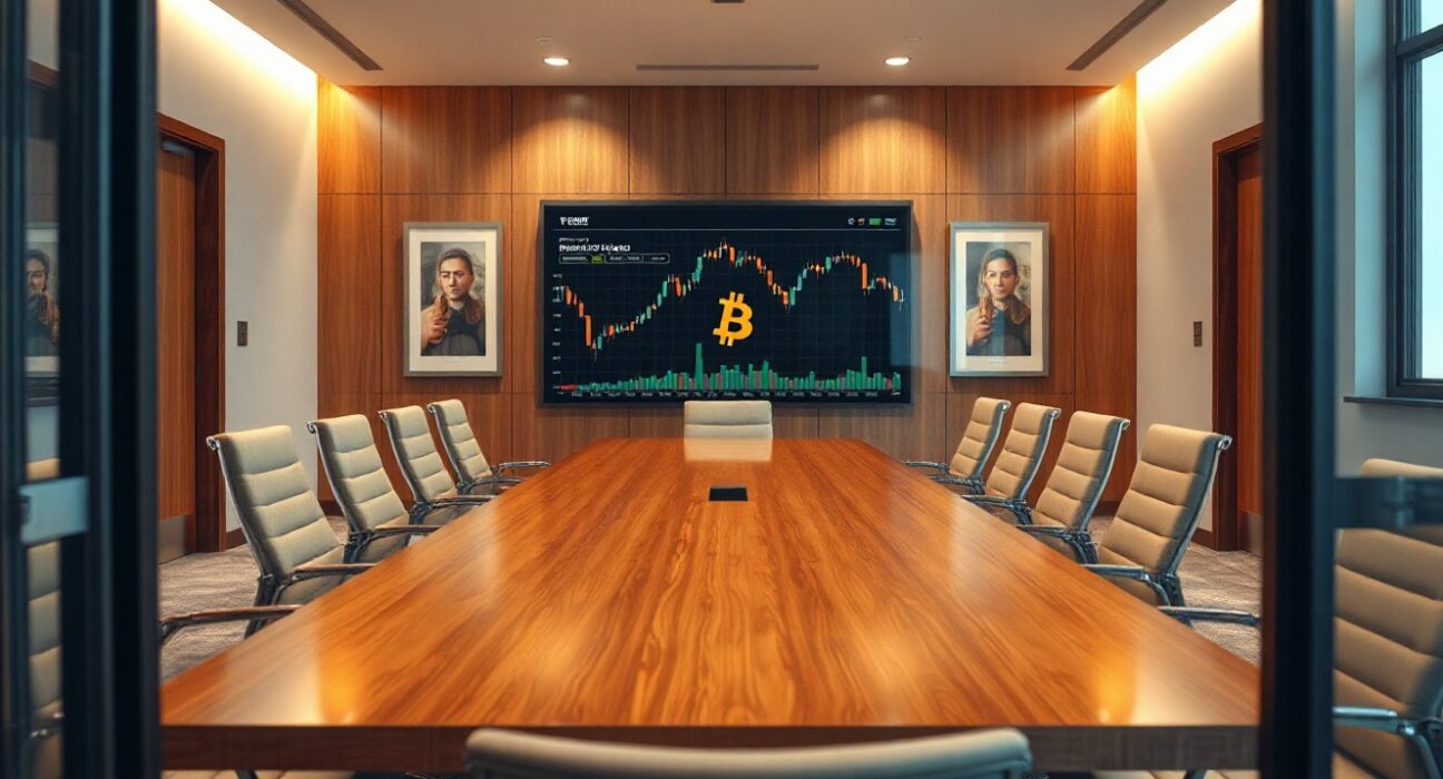 Empty corporate boardroom with Bitcoin chart on screen before BSTR merger vote