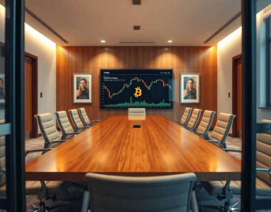 Empty corporate boardroom with Bitcoin chart on screen before BSTR merger vote