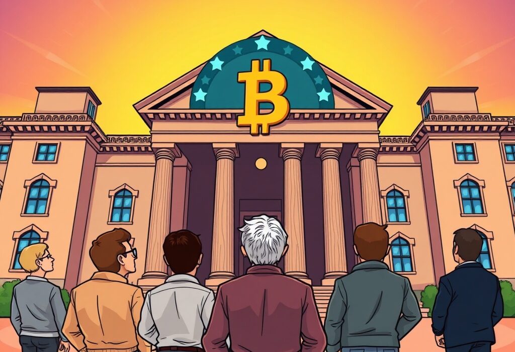 A cartoon illustration symbolizing the ongoing BSV lawsuit, with Bitcoin SV investors challenging a major crypto exchange's delisting decision.