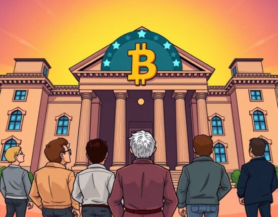 A cartoon illustration symbolizing the ongoing BSV lawsuit, with Bitcoin SV investors challenging a major crypto exchange's delisting decision.