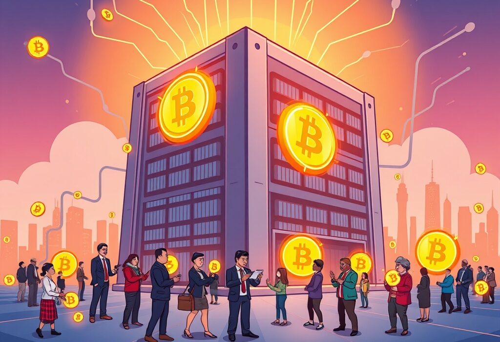 A cartoon illustration of a secure, futuristic data center powered by Bitcoin, symbolizing VCI Global's BTC-backed infrastructure initiative.