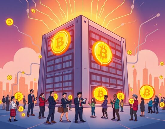 A cartoon illustration of a secure, futuristic data center powered by Bitcoin, symbolizing VCI Global's BTC-backed infrastructure initiative.