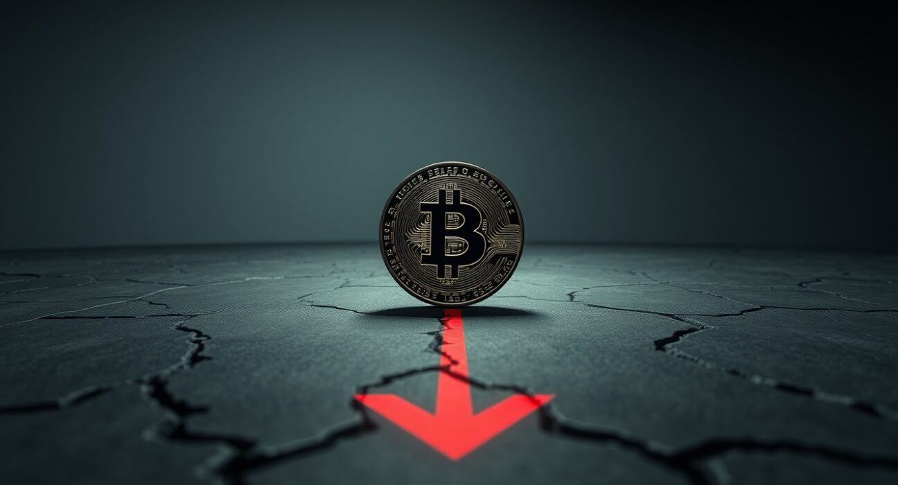 Bitcoin coin with a downward shadow arrow indicating a potential bearish turn in May