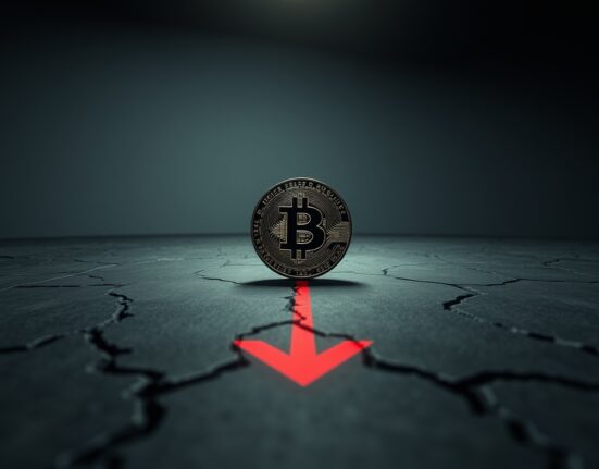 Bitcoin coin with a downward shadow arrow indicating a potential bearish turn in May