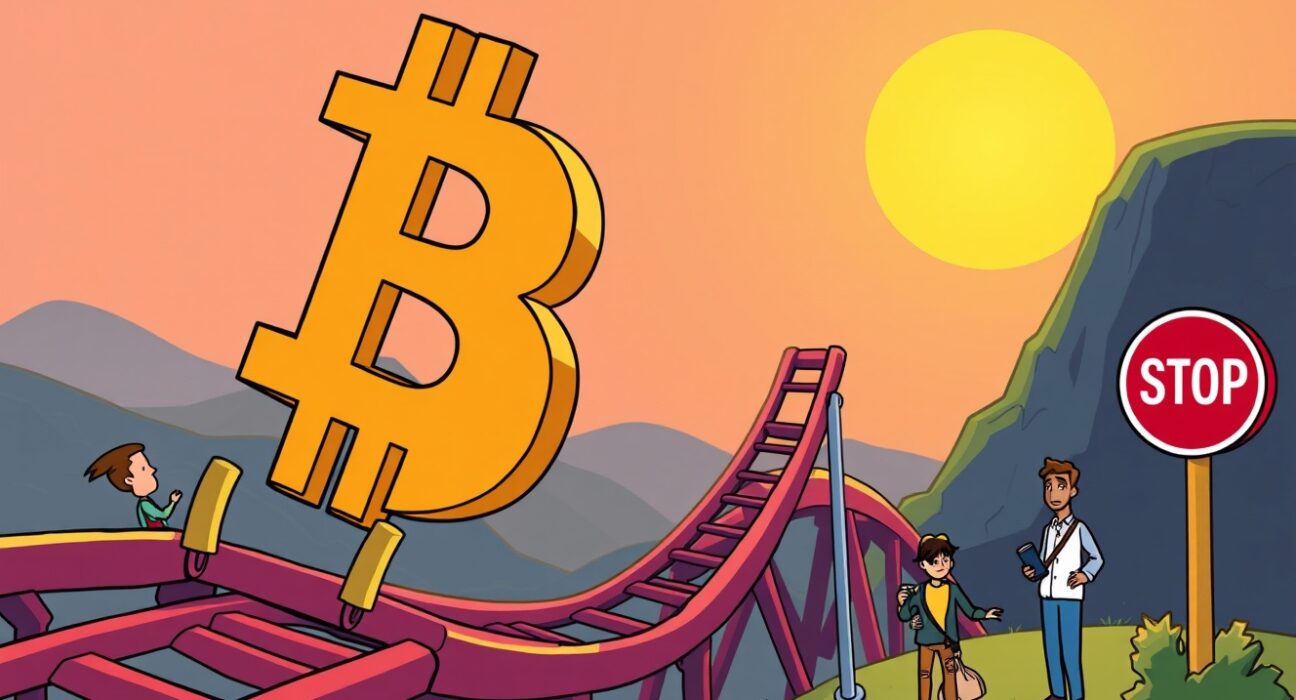 A cartoon illustration depicting the slowing BTC bull run, with cautious investors observing the market shift.