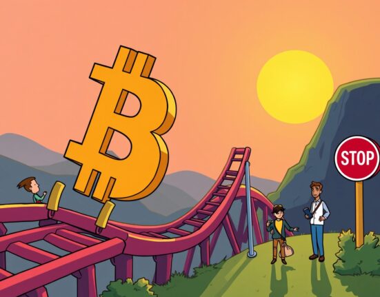 A cartoon illustration depicting the slowing BTC bull run, with cautious investors observing the market shift.