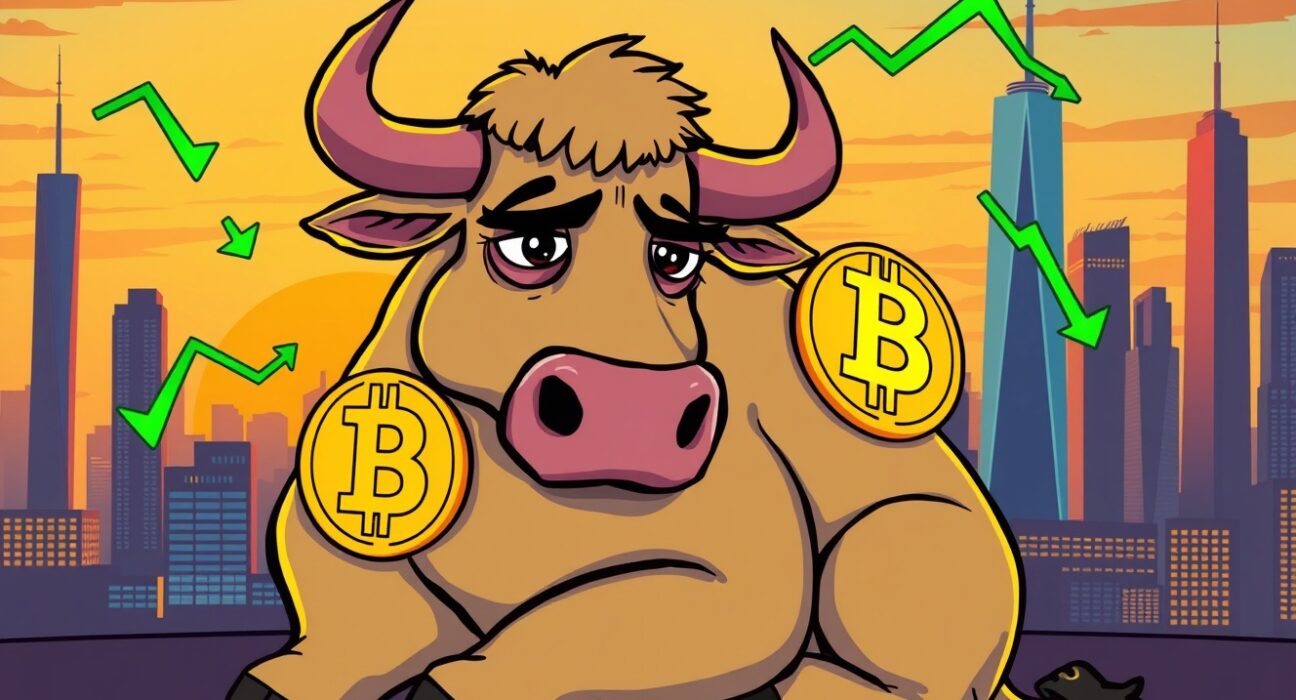 Tired cartoon bull with Bitcoin symbols represents slowing BTC buying pressure at market cycle peak