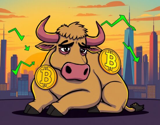 Tired cartoon bull with Bitcoin symbols represents slowing BTC buying pressure at market cycle peak