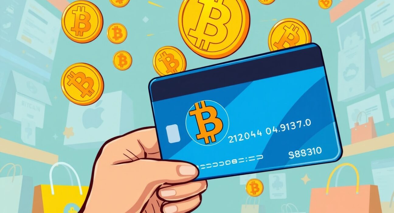 A cartoon credit card with a Bitcoin logo, representing the new BTC cashback credit card and its crypto rewards benefits.