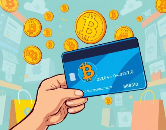 A cartoon credit card with a Bitcoin logo, representing the new BTC cashback credit card and its crypto rewards benefits.