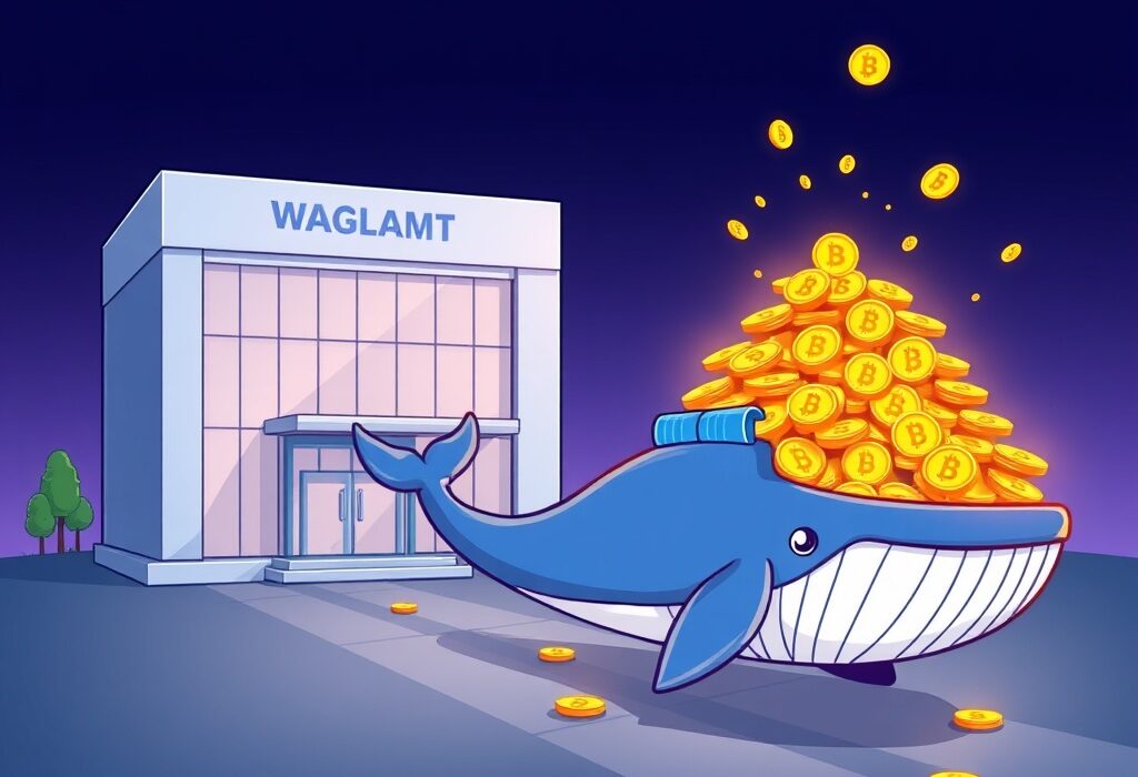 Cartoon illustration of a large BTC transferred to Coinbase Institutional, signaling significant market activity and institutional interest.