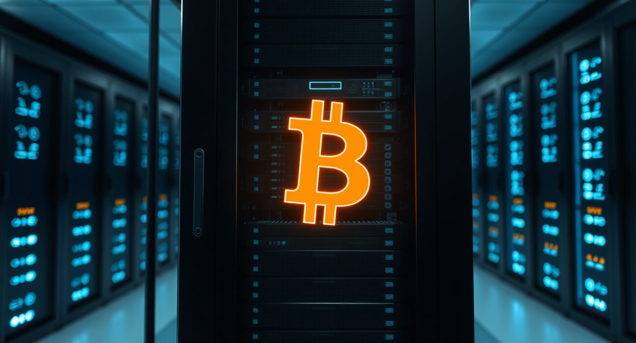 Bitcoin symbol in a data center server room representing a large cryptocurrency transaction.