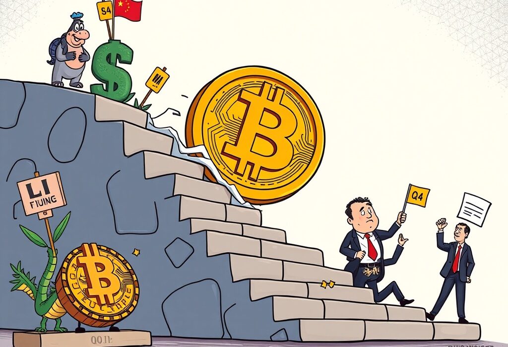 A cartoon illustration showing a BTC correction on a market chart, influenced by global economic factors, before the fourth quarter.