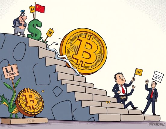 A cartoon illustration showing a BTC correction on a market chart, influenced by global economic factors, before the fourth quarter.