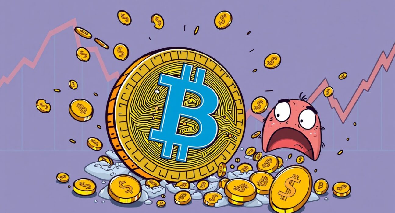 A cartoon illustration of a Bitcoin coin experiencing a sudden BTC dip, triggering massive futures liquidations across the crypto market.