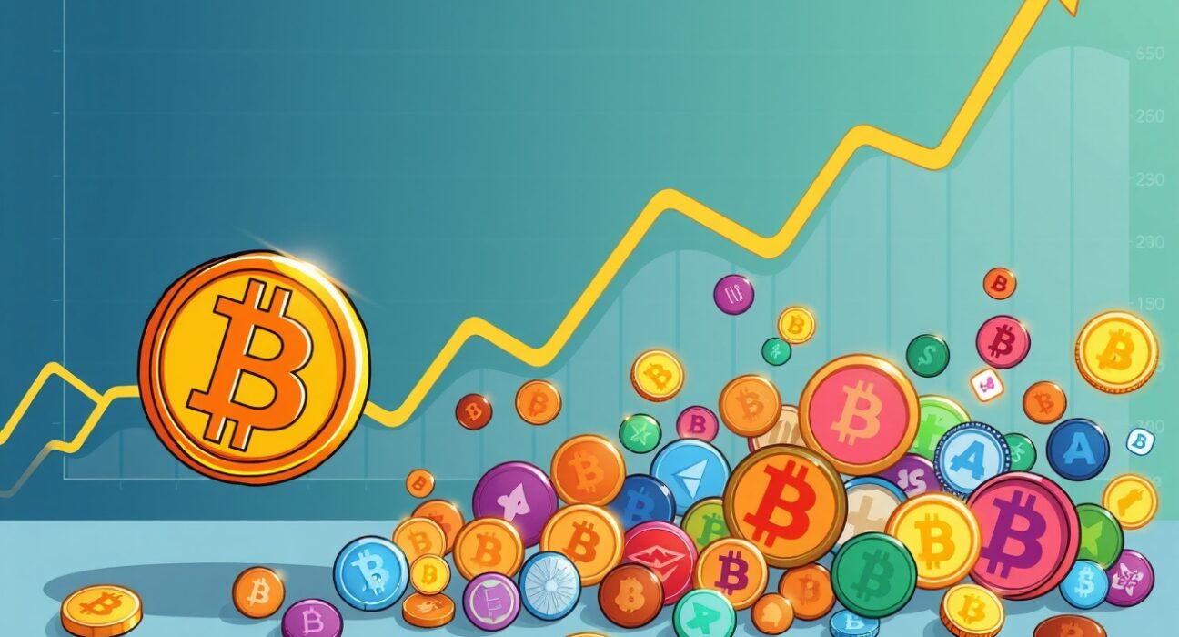 Cartoon showing BTC dominance decreasing as altcoins rise, signaling a potential shift in the crypto market.