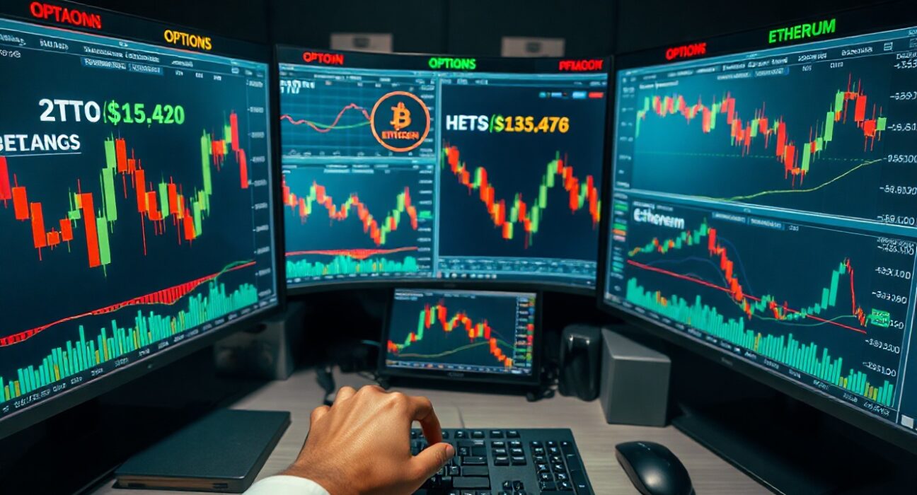 Trader monitors Bitcoin and Ethereum options charts in a dimly lit trading room