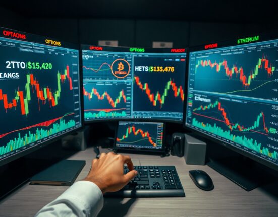 Trader monitors Bitcoin and Ethereum options charts in a dimly lit trading room