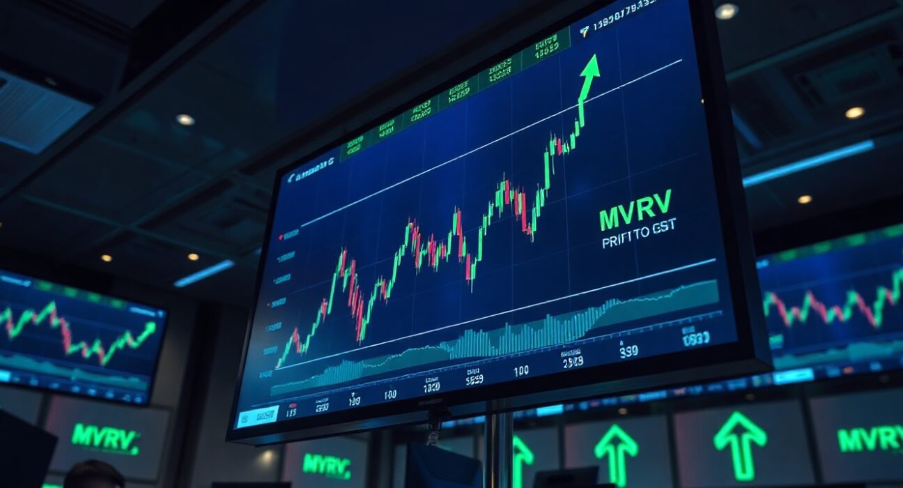 Cryptocurrency price charts on a trading display showing green profit indicators and MVRV data