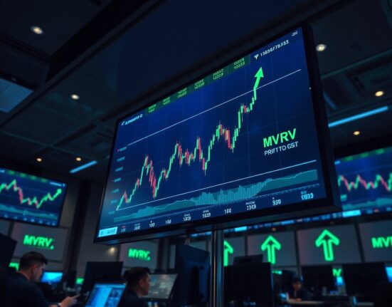 Cryptocurrency price charts on a trading display showing green profit indicators and MVRV data