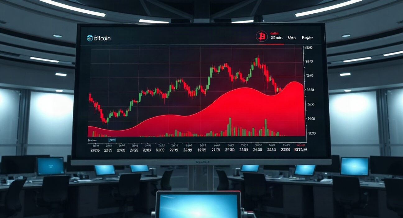 Trading screen showing Bitcoin, Ethereum, and Ripple price charts with overbought indicators